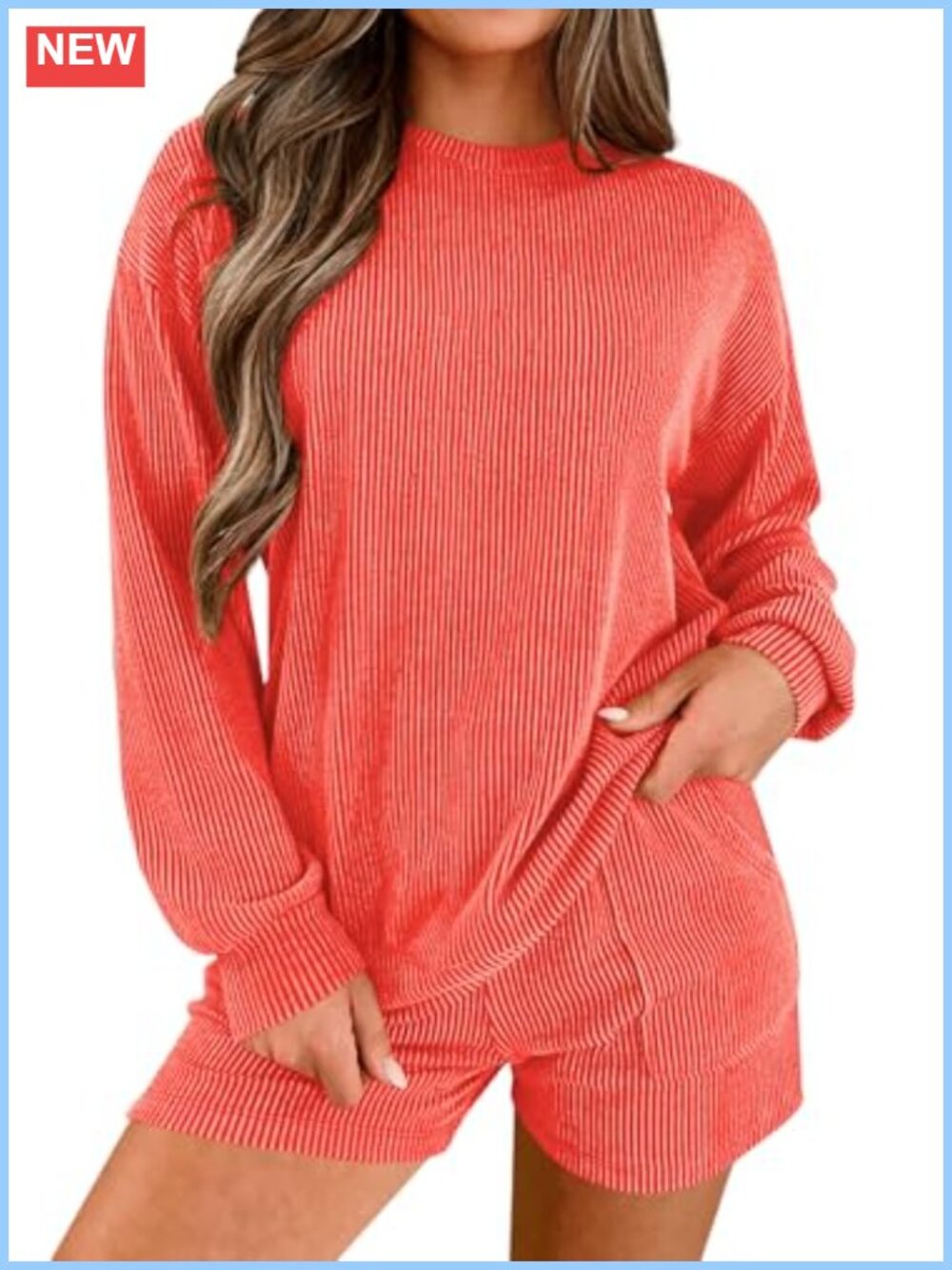 Ribbed Knit Long Sleeve Top and Shorts Lounge Set with Pockets